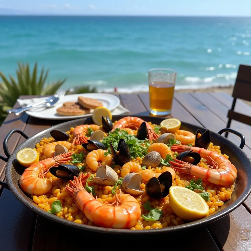 Delicious seafood paella served on a table with a view of the sea