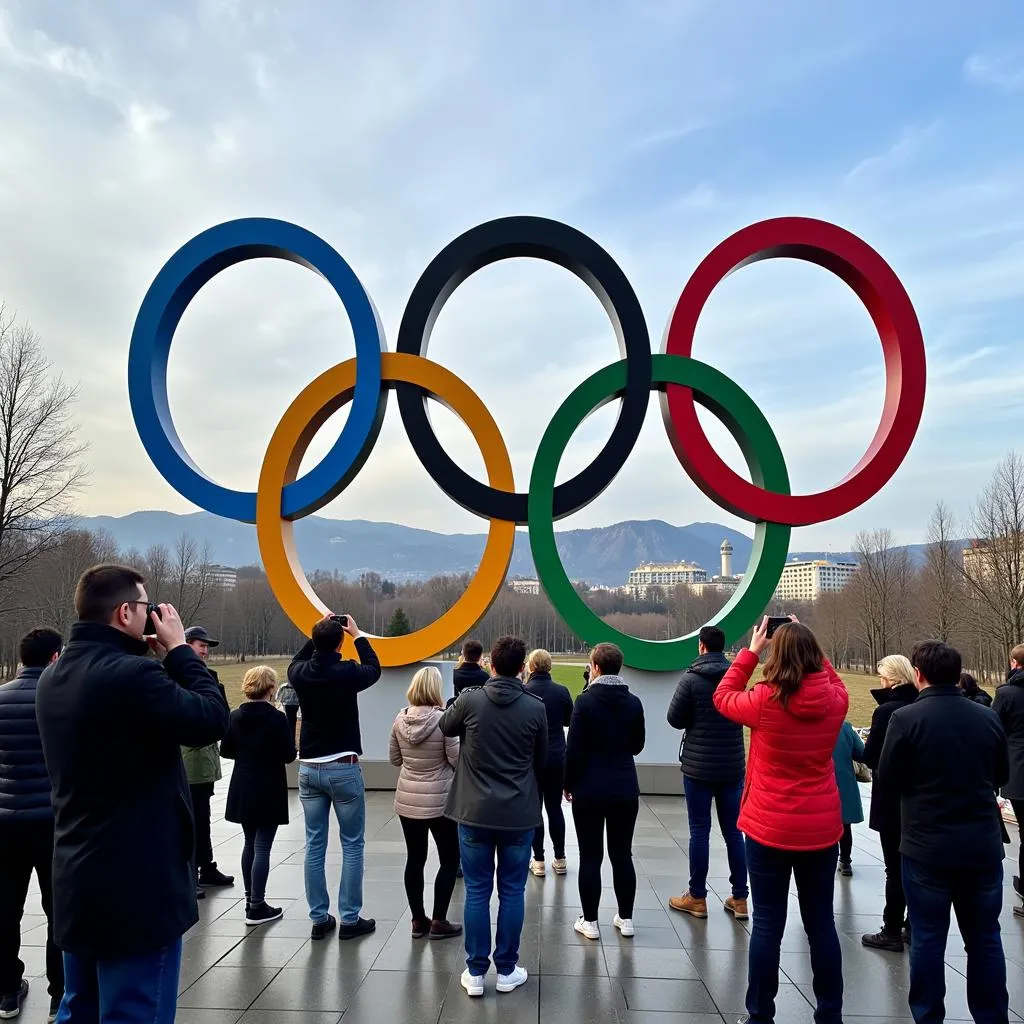 Du khách tham quan đài tưởng niệm Vòng tròn Olympic