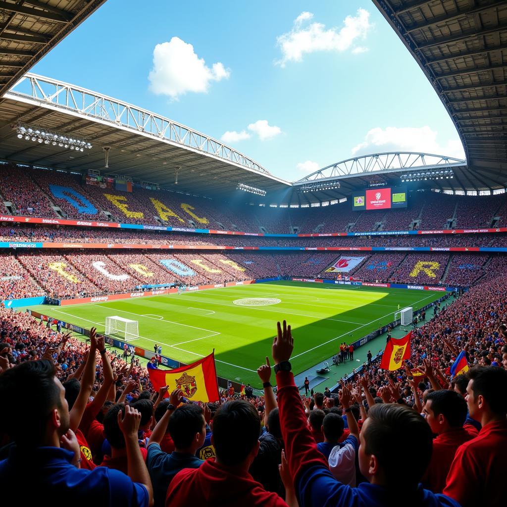 Banners and flags held high by enthusiastic football fans in a stadium