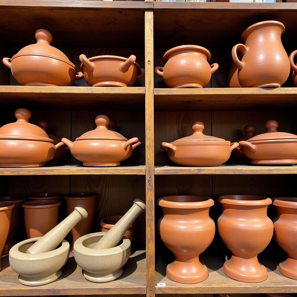 Utensilios de cocina tradicionales españoles, como cazuelas de barro y morteros, exhibidos en una tienda