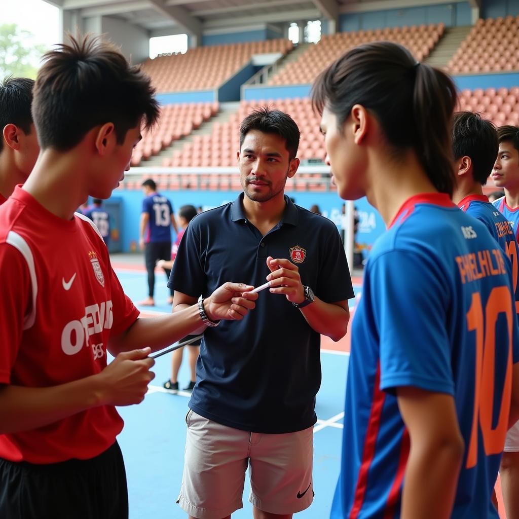 Bài học bóng đá Seagame 2013: Huấn luyện viên đang phân tích chiến thuật cùng các cầu thủ sau trận đấu Sea Games 2013.