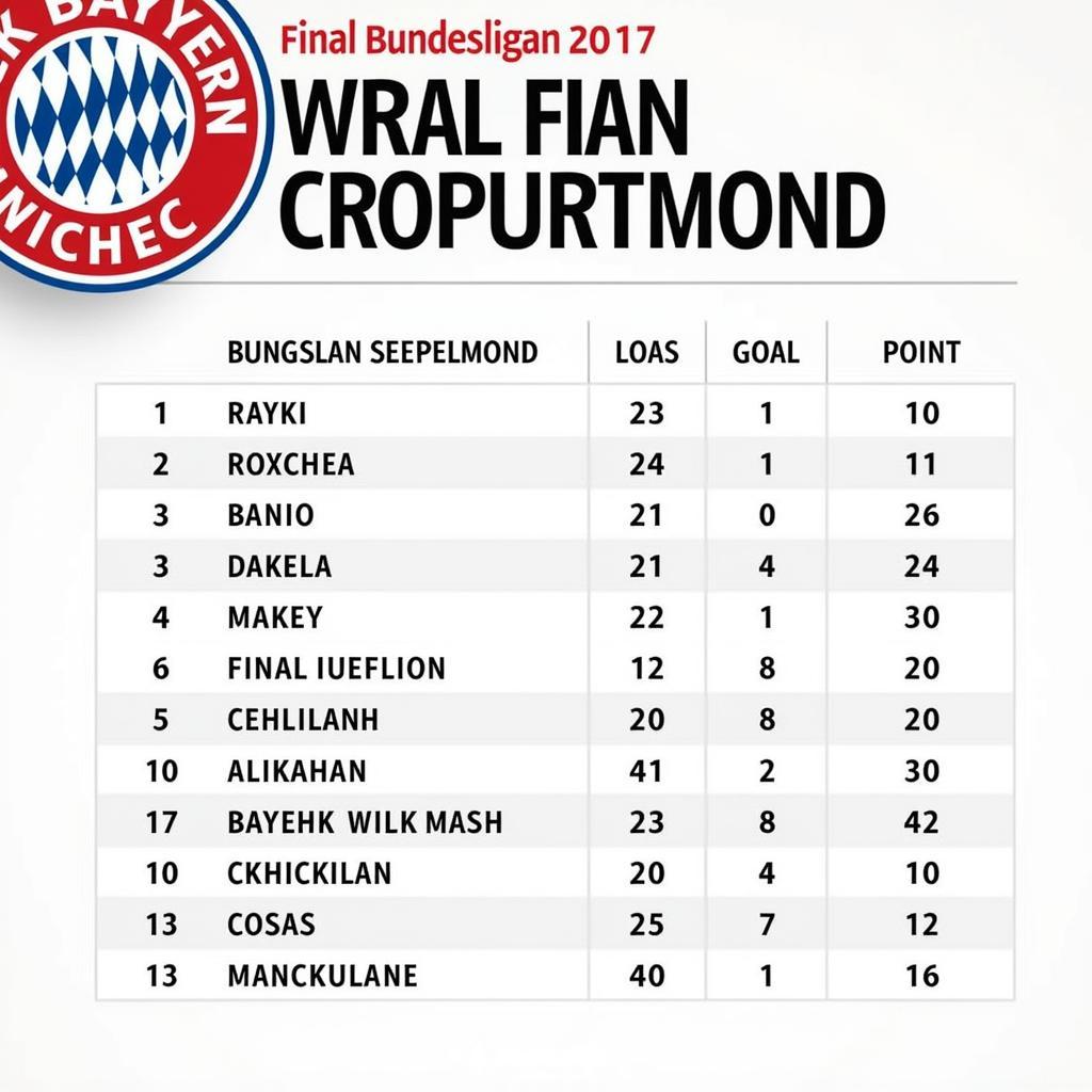 Bảng xếp hạng Bundesliga mùa giải 2017, hiển thị vị trí, số điểm, hiệu số bàn thắng bại của các đội bóng. Bayern Munich dẫn đầu bảng xếp hạng.