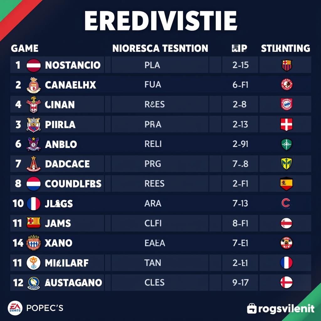 Bảng xếp hạng bóng đá Hà Lan Eredivisie cập nhật mới nhất, thể hiện vị trí, số trận, điểm số, hiệu số bàn thắng bại của các đội bóng. Top đầu cạnh tranh gay gắt, trong khi nhóm cuối lo trụ hạng.