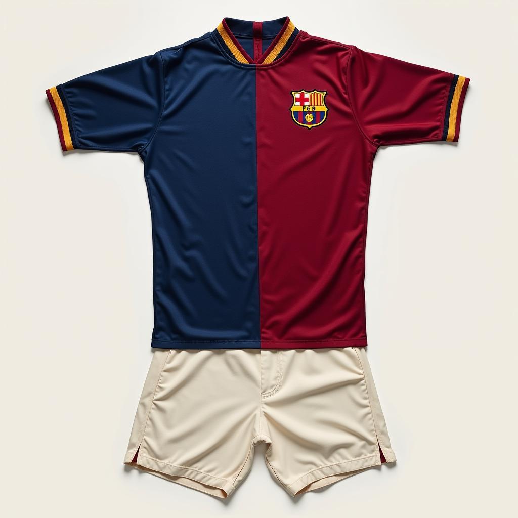 Barcelona 1899 Kit Design: A detailed view of the iconic half-and-half blue and garnet jersey with white shorts.