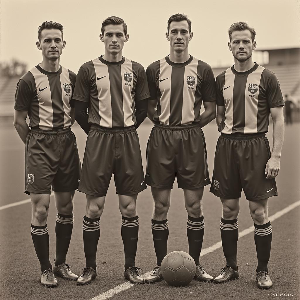 Barcelona 1899 Kit: A historical photograph of early Barcelona players wearing the iconic kit.  The image showcases the kit's significance in the club's history.