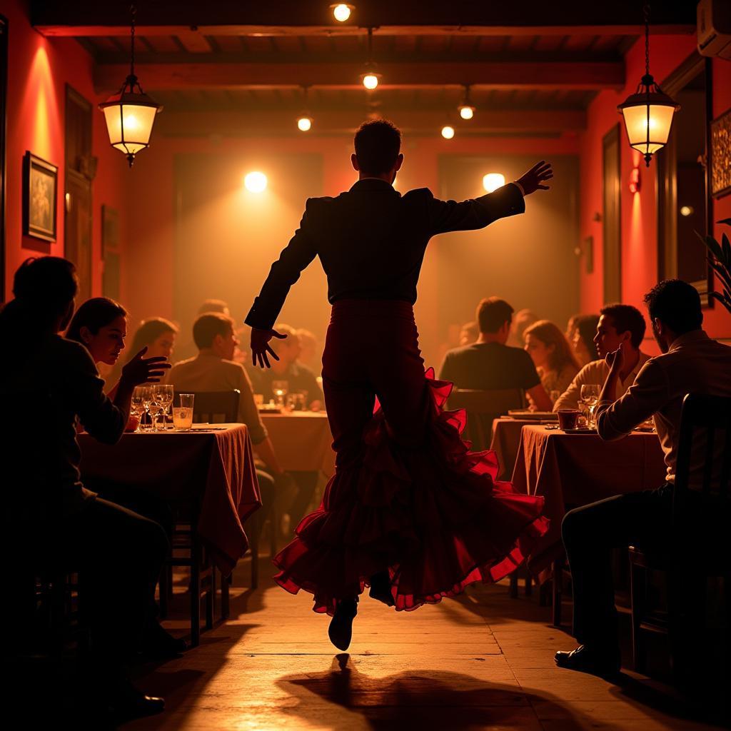 Barcelona Dinner Show Flamenco: A passionate flamenco dancer performs in a dimly lit Barcelona restaurant, captivating diners with her intricate footwork and expressive movements.