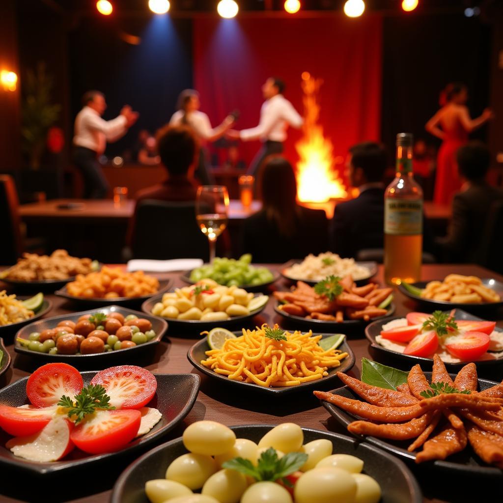 Barcelona Dinner Show Tapas: A table laden with colorful tapas dishes, set against the backdrop of a lively Barcelona dinner show. The vibrant colors of the food and the energy of the performance create a festive atmosphere.