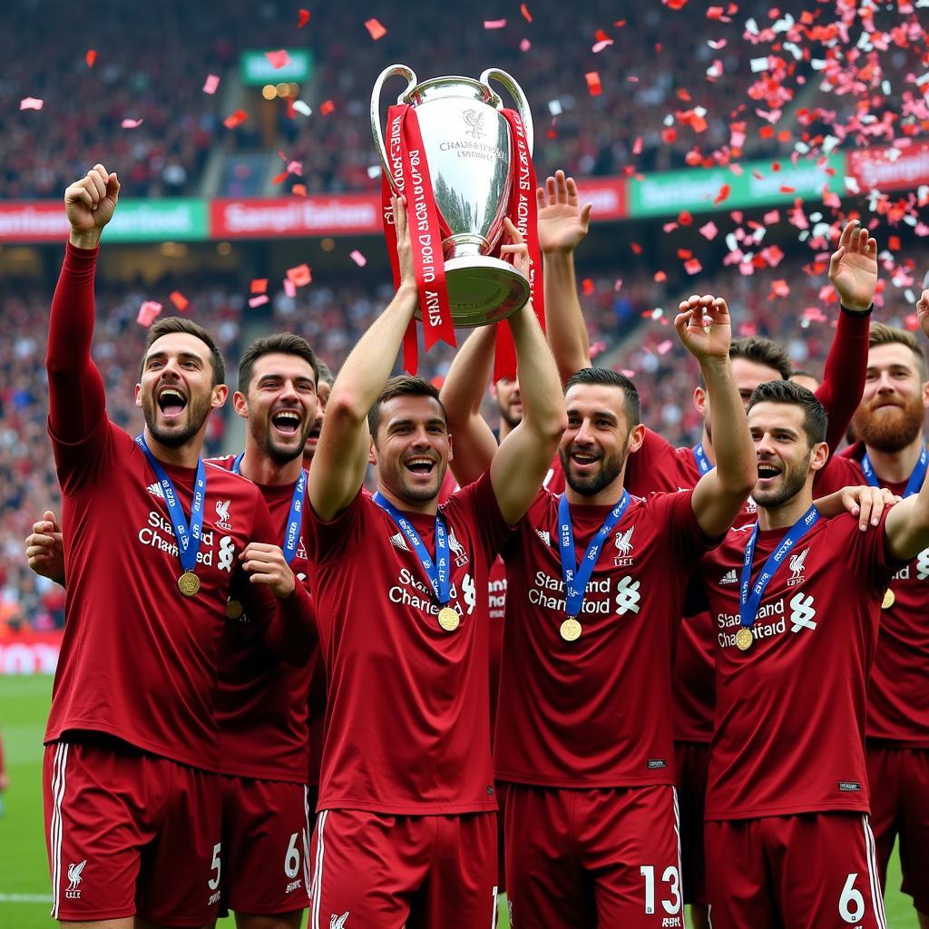 Liverpool celebrating their Champions League win