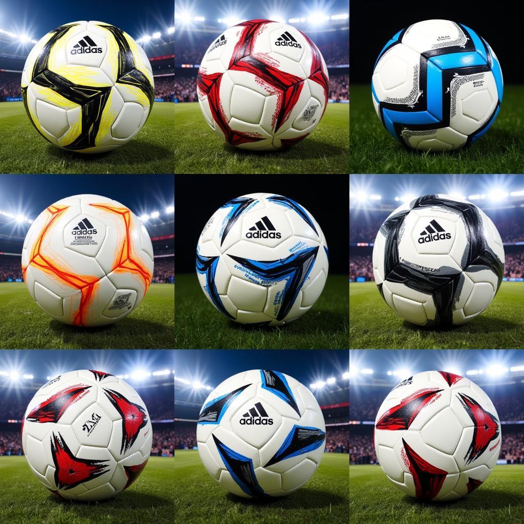 Hình ảnh tổng hợp các mẫu bóng đá adidas 2019 với màu sắc và thiết kế đa dạng, từ bóng thi đấu chuyên nghiệp đến bóng luyện tập.