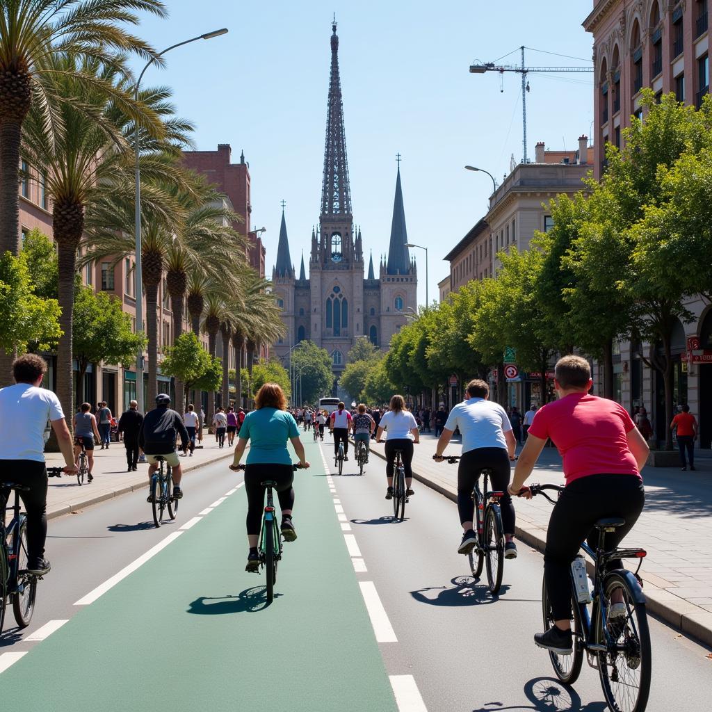 Du khách đạp xe trên Carril Bici Barcelona, tận hưởng cảnh quan thành phố.