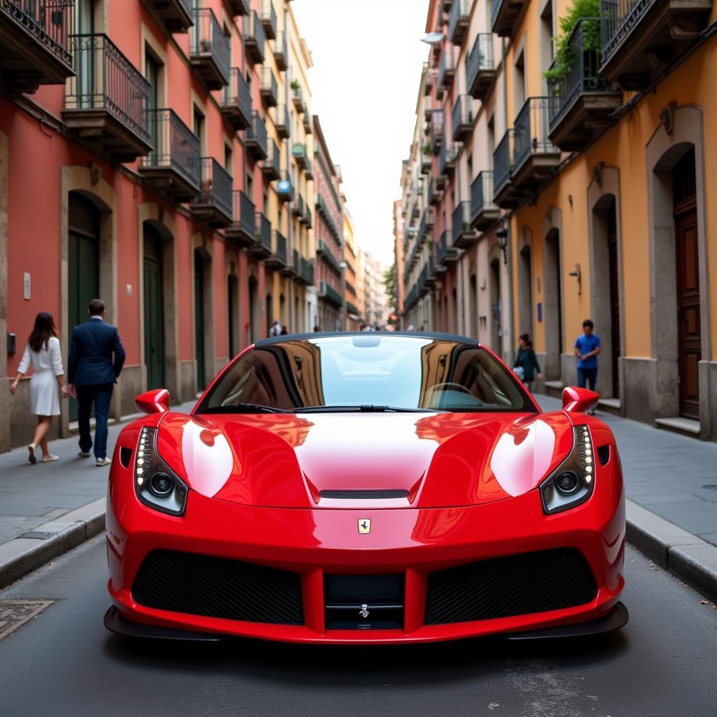 Red Ferrari Parked on a Barcelona Street