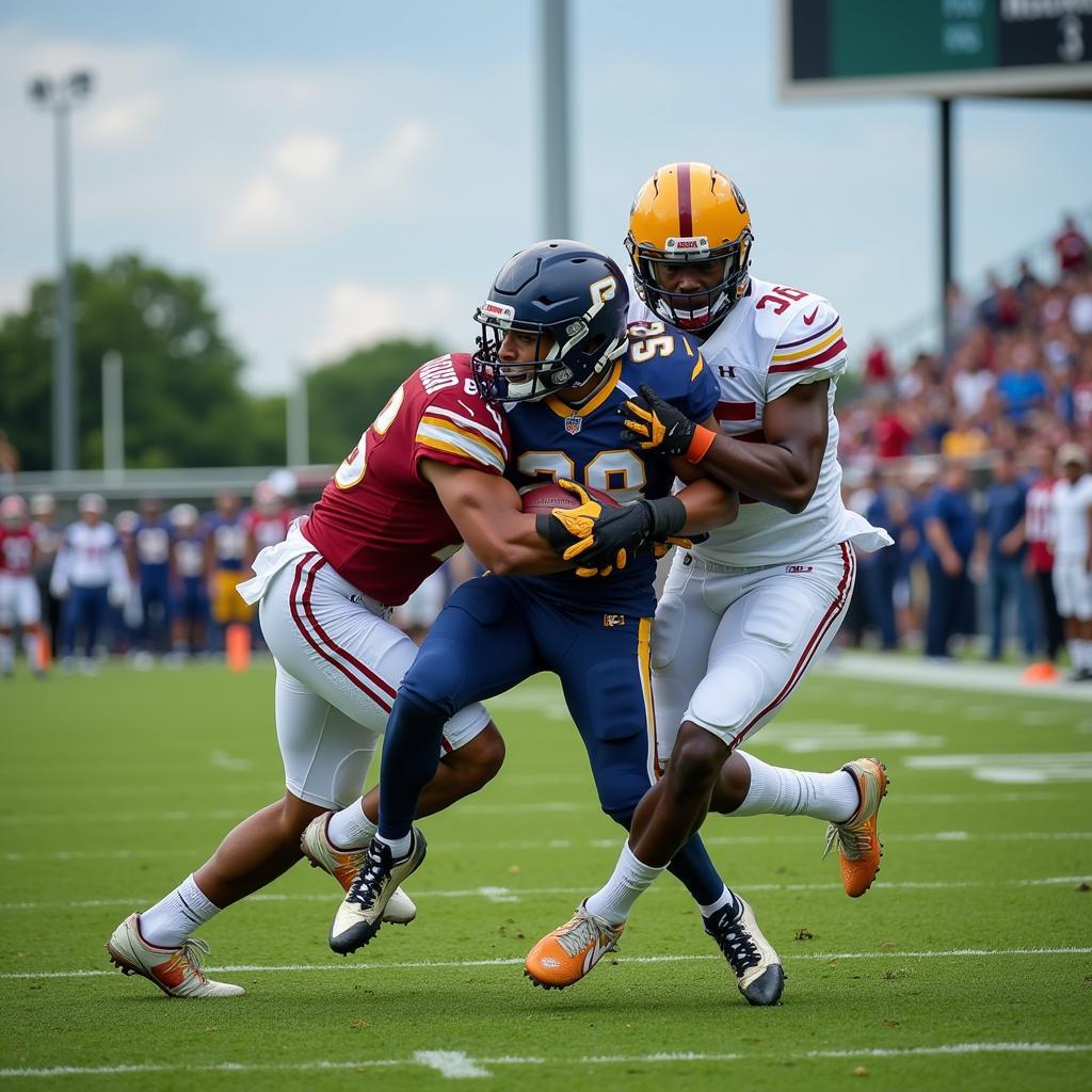 A close-up image of a football player's arm being impacted by another player's leg during a tackle on an artificial turf field. The image should clearly depict the moment of impact and the potential for a broken arm. The artificial turf should be visible in the background.