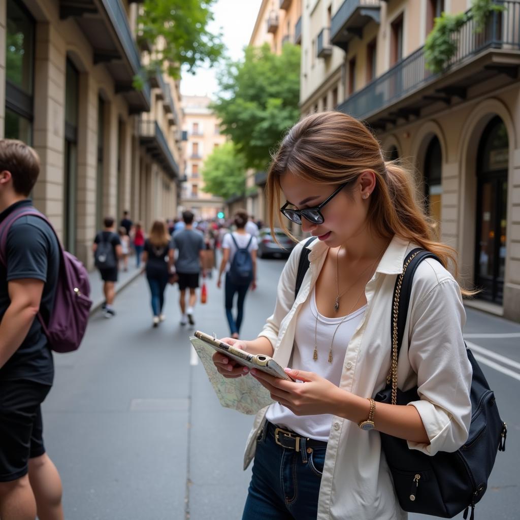 Khách du lịch kiểm tra bản đồ tại Barcelona