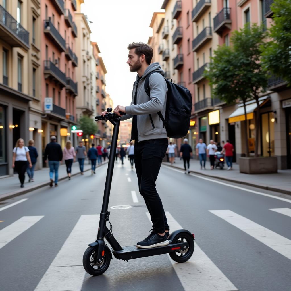 Khám phá Barcelona với patinetes electricos: Hình ảnh một người đang di chuyển bằng xe scooter điện trên đường phố Barcelona, với khung cảnh thành phố nhộn nhịp phía sau.