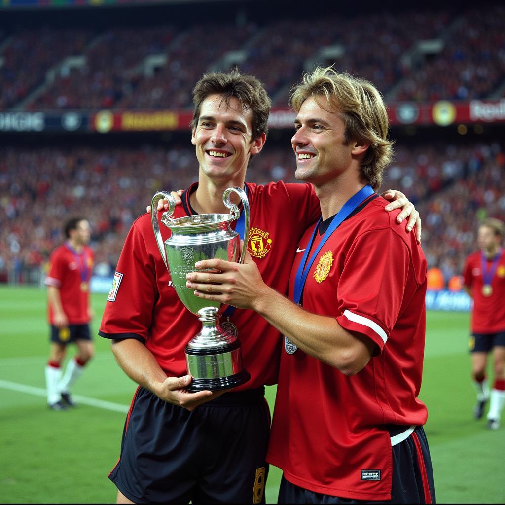 Hình ảnh tái hiện khoảnh khắc lịch sử tại Estadio Barcelona, trận chung kết Champions League 1999 giữa Manchester United và Bayern Munich.