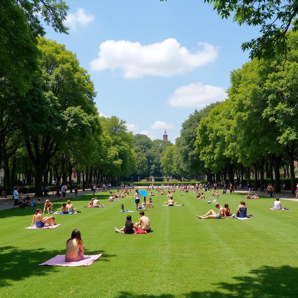 Không gian yên bình tại Jardines de Barcelona: Hình ảnh người dân thư giãn trên bãi cỏ, trẻ em vui chơi và các hoạt động ngoài trời khác.