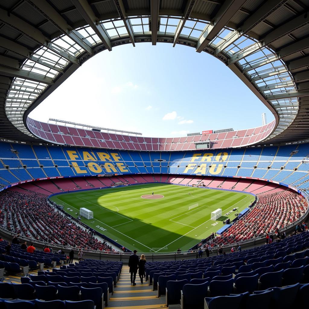 Kiến trúc độc đáo của Estadio Barcelona tại Camp Nou với ba tầng khán đài khổng lồ và sức chứa gần 100.000 người.