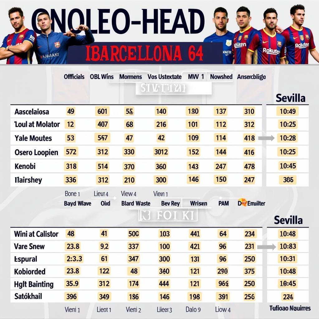 Lịch sử đối đầu giữa Barcelona và Sevilla: Biểu đồ thống kê chi tiết về số trận thắng, hòa, thua của hai đội trong các giải đấu chính thức.