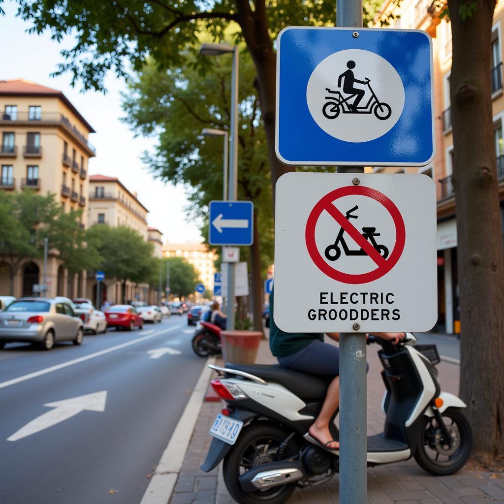 Luật lệ giao thông patinetes electricos Barcelona: Hình ảnh biển báo giao thông dành cho xe scooter điện, thể hiện các quy định về tốc độ, khu vực được phép sử dụng.