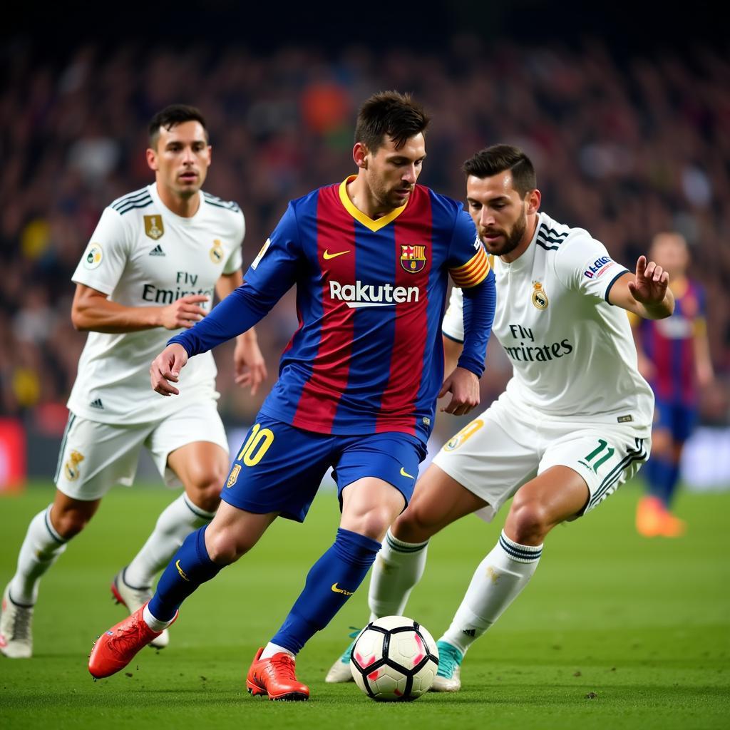 Messi tỏa sáng trong trận El Clasico: Hình ảnh ghi lại khoảnh khắc Messi đi bóng qua hàng phòng ngự của Real Madrid.