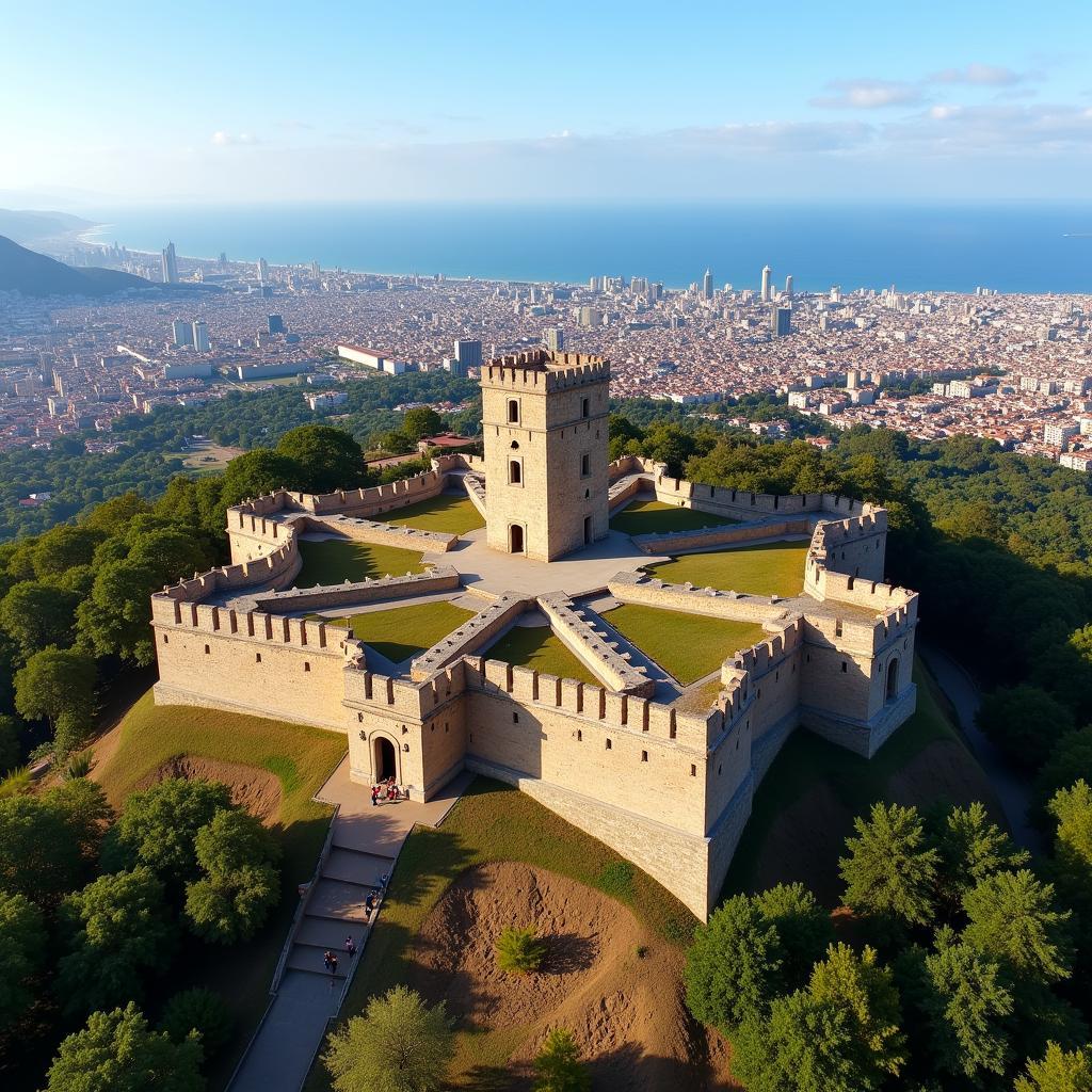 Montjuïc Castle: An overview of the fort from the air showcasing its strategic location and imposing structure.