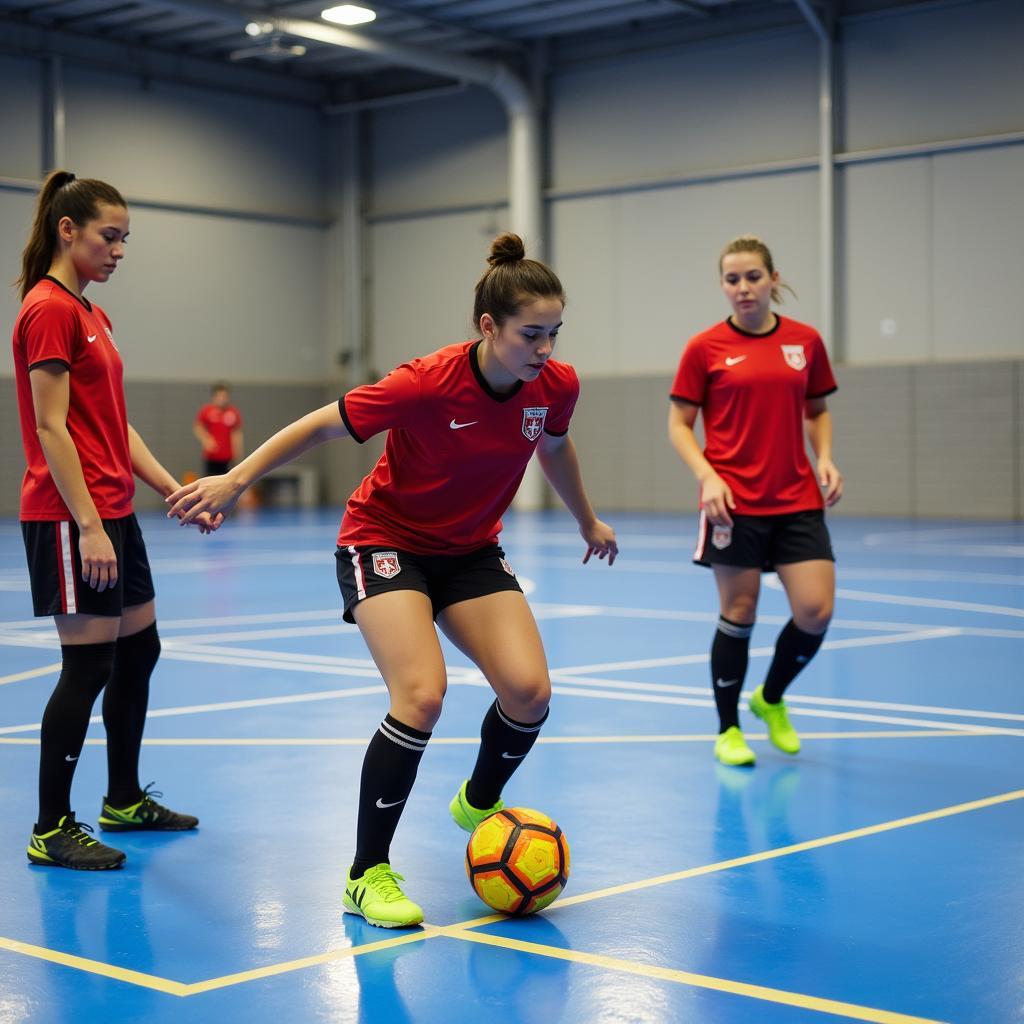 Nữ cầu thủ futsal tập luyện chăm chỉ