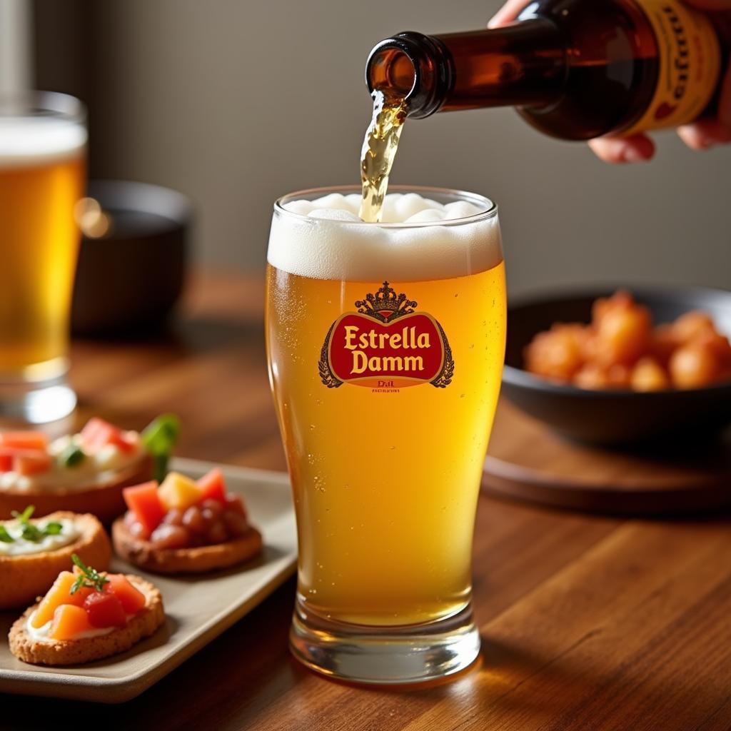 Pouring Estrella Damm Beer with Tapas