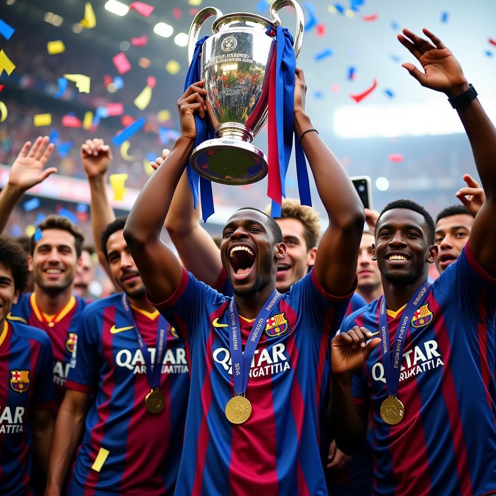 Samuel Eto'o ăn mừng chức vô địch Champions League cùng Barcelona