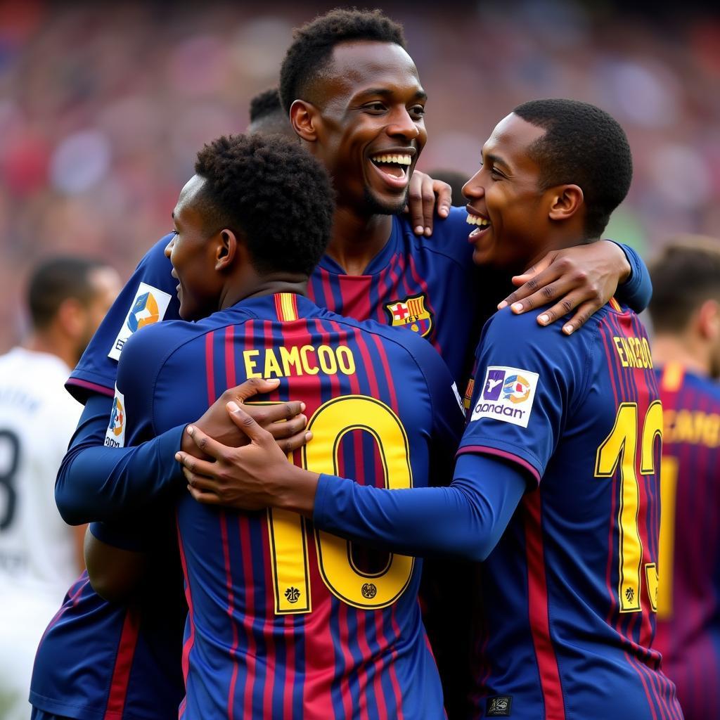 Samuel Eto'o ăn mừng chiến thắng cùng đồng đội Barcelona