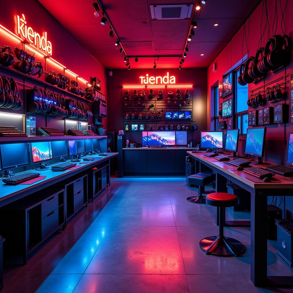 Cửa hàng Tienda Karma Barcelona trưng bày đa dạng các sản phẩm gaming cao cấp như bàn phím, chuột, tai nghe, màn hình.