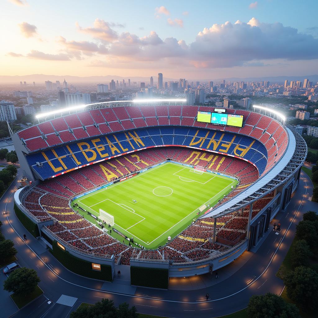 Hình ảnh phác họa dự án Espai Barça, tương lai của Estadio Barcelona, với sân vận động hiện đại, thông minh và bền vững, sức chứa hơn 105.000 chỗ ngồi.