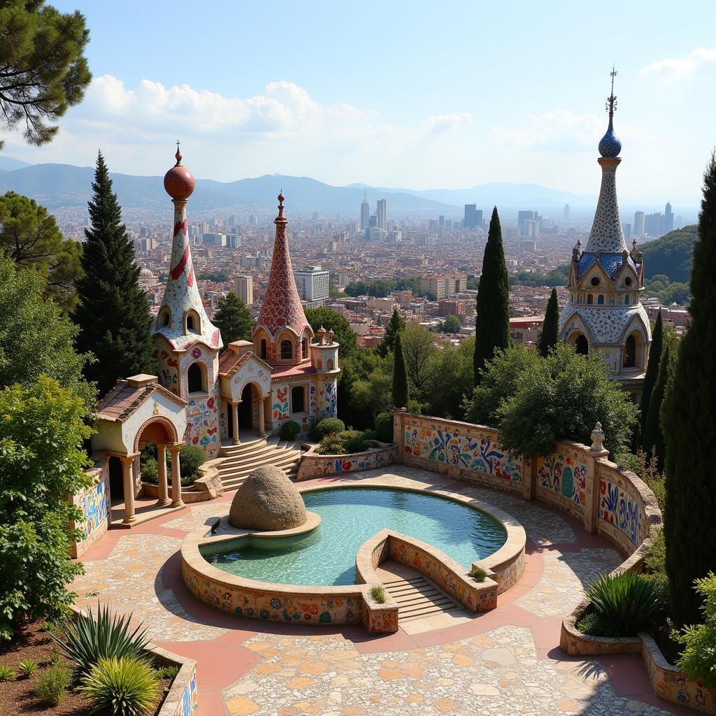 Vicky Cristina Barcelona's depiction of Barcelona - Panoramic view of Park Güell with the city in the background.