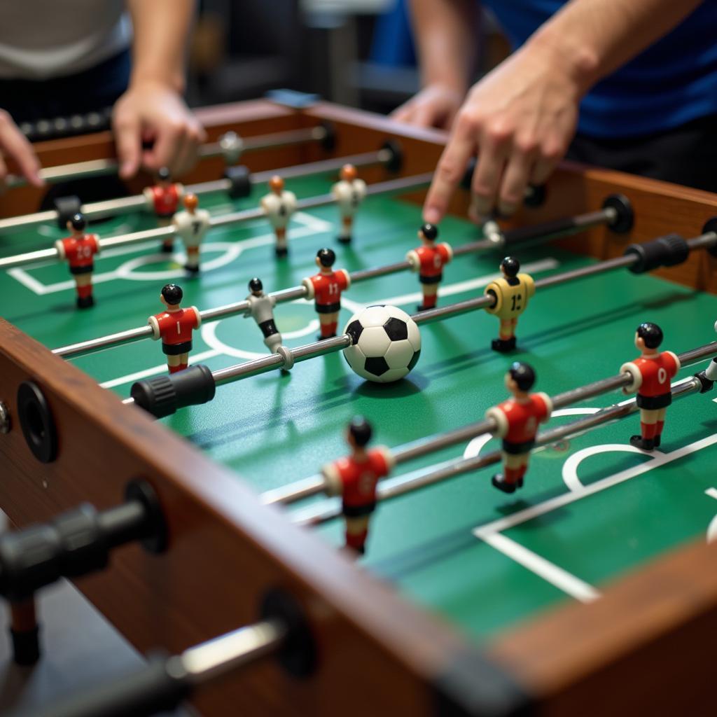 Bàn bi lắc bóng đá foosball đang được chơi