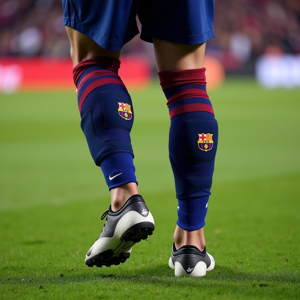 Close-up of Rote Shin Guards Worn by a Barcelona Player