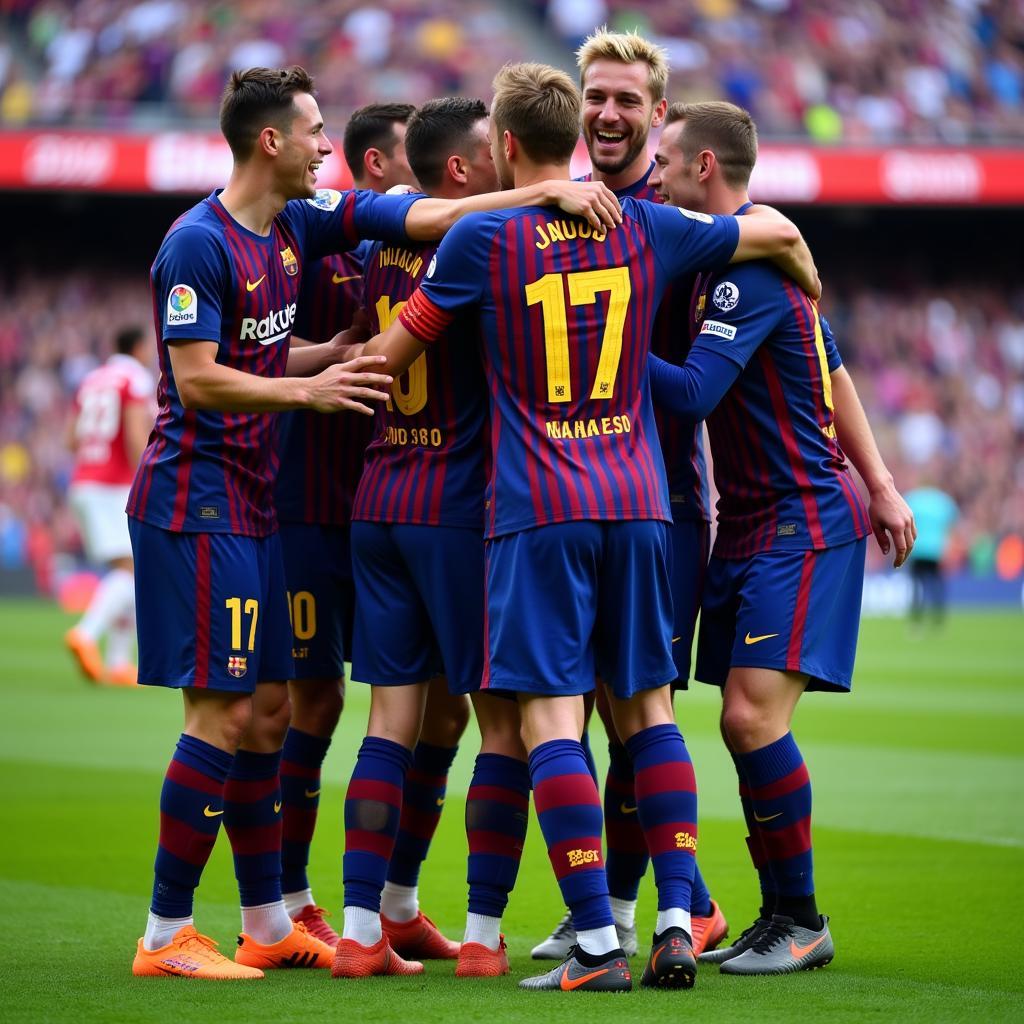 Frenkie de Jong ăn mừng bàn thắng cùng đồng đội tại Barcelona