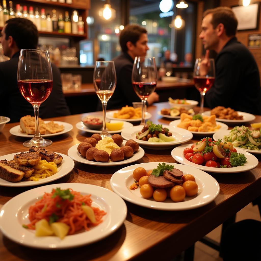 Khám phá tapas Barcelona: Những đĩa tapas nhỏ xinh đầy màu sắc được bày biện hấp dẫn trên bàn gỗ, xung quanh là ly rượu vang và không khí nhộn nhịp của một quán bar tapas.