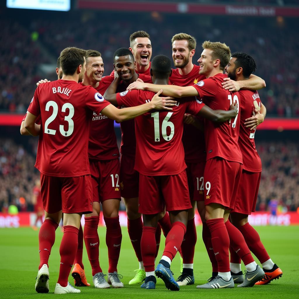 Liverpool players celebrating the winning goal against Barcelona in the Anfield miracle.