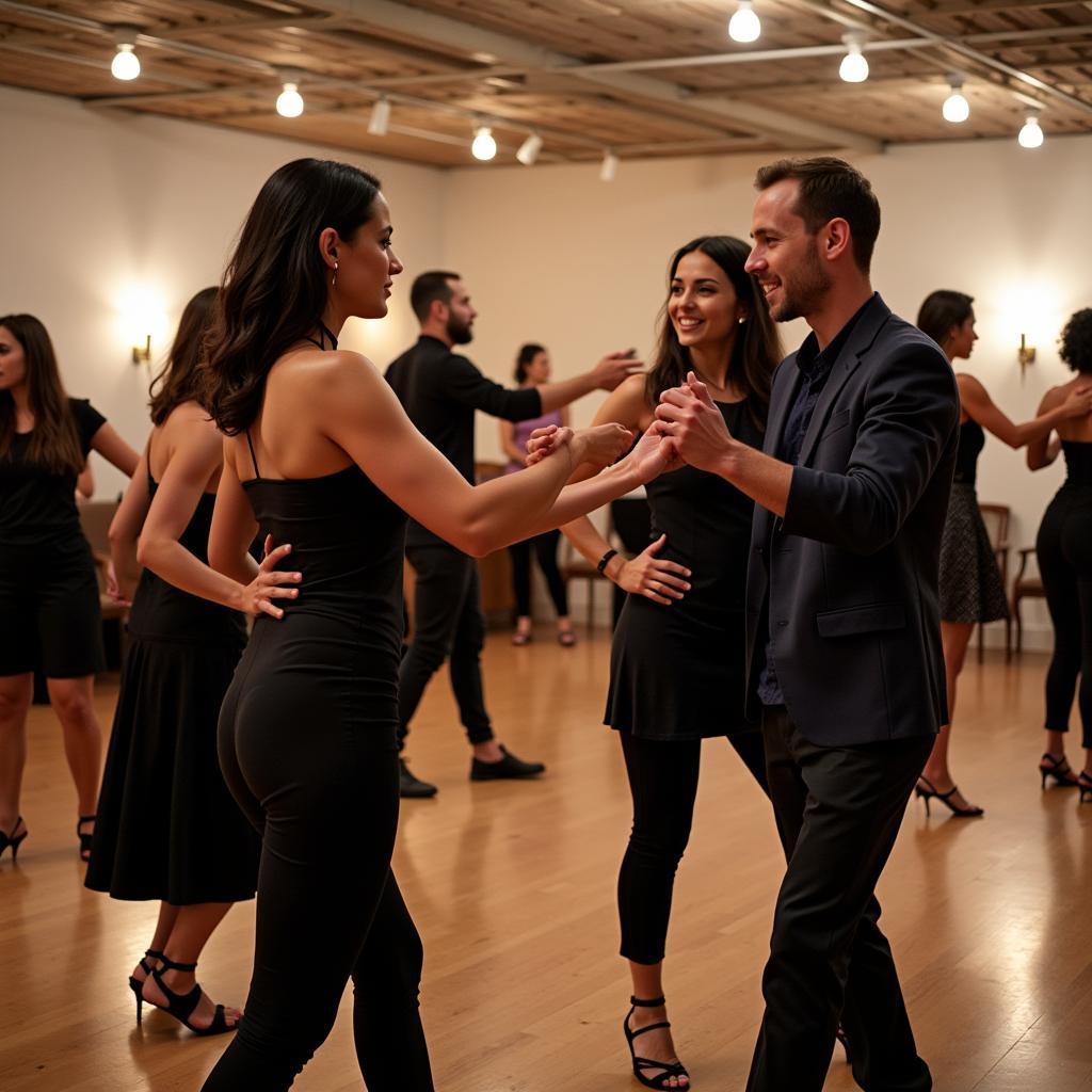 Một lớp học Kizomba ở Barcelona với nhiều học viên đang luyện tập