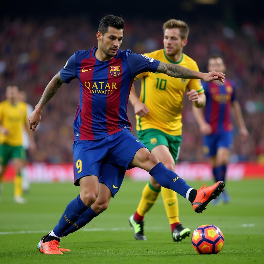 Luis Suarez executing a precise pass during a Barcelona match