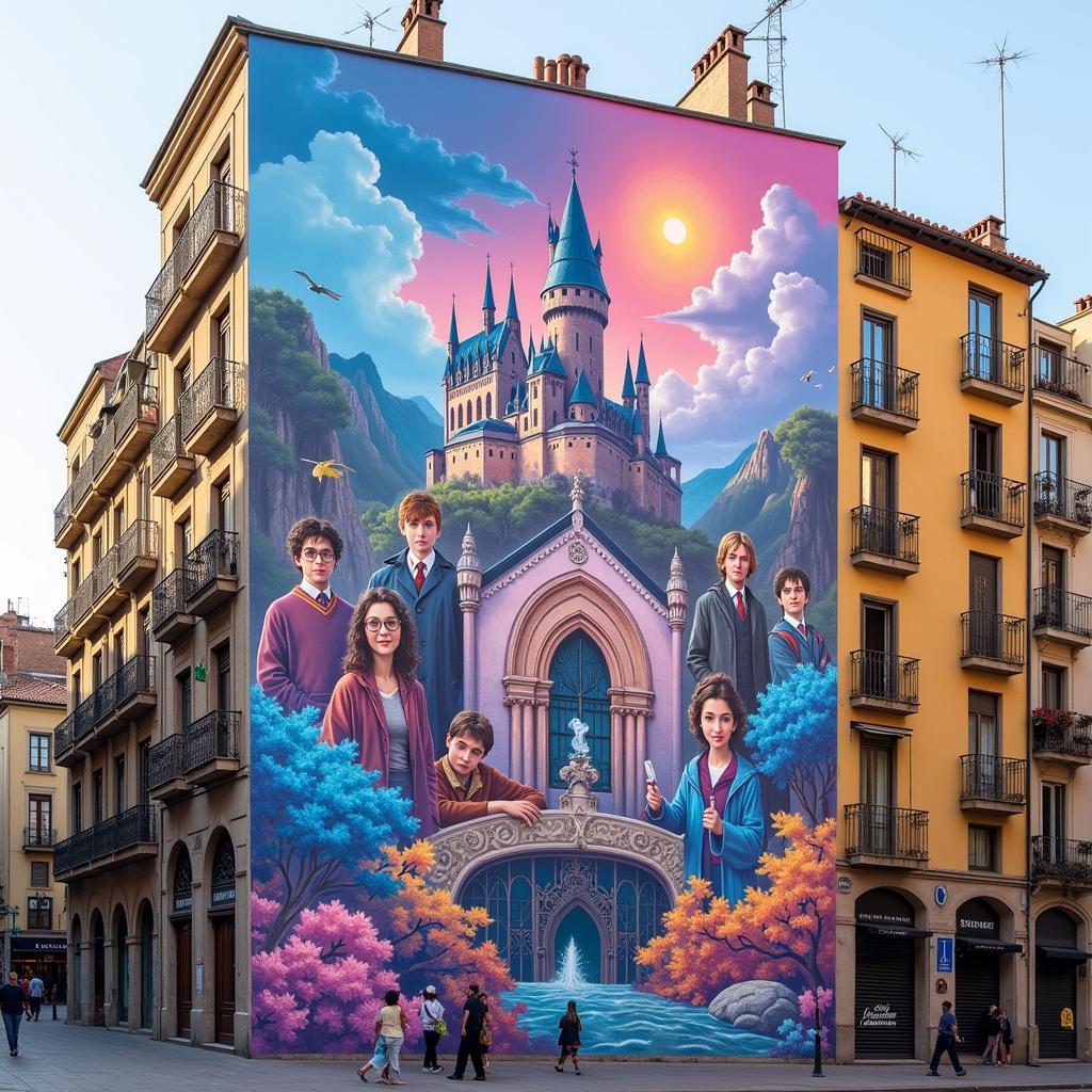 Tranh tường Pastel Harry Potter tại Barcelona